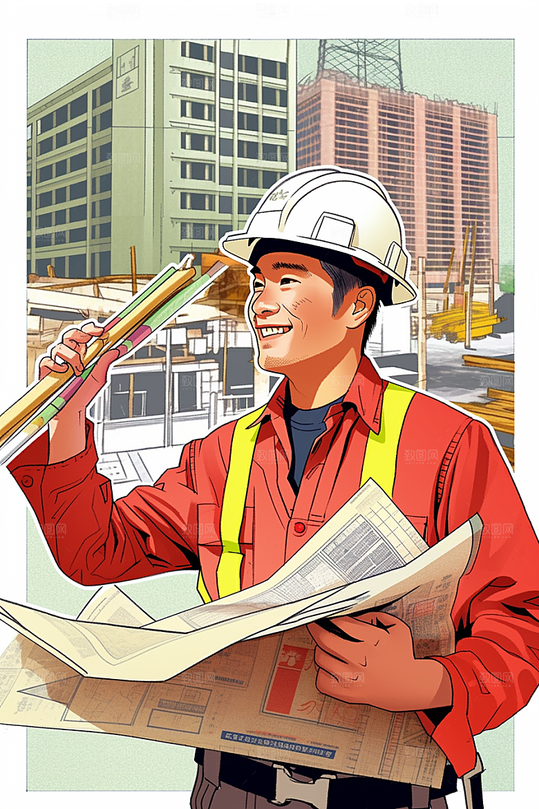 建筑工人职业形象手绘插画