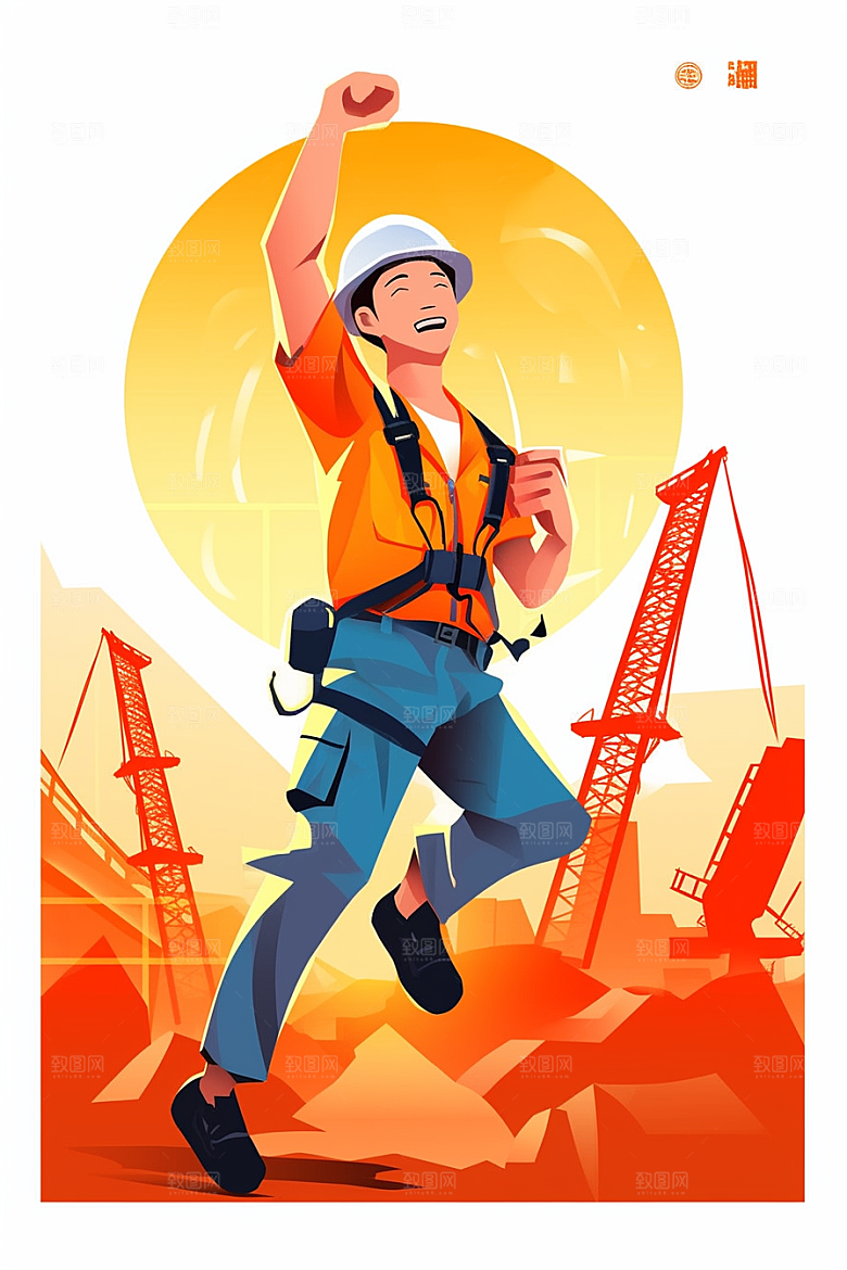 建筑工人手绘工地插画