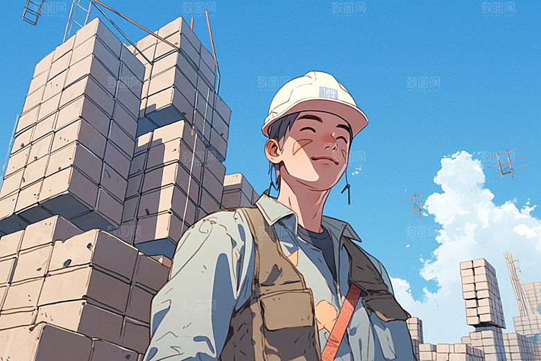 建筑工人施工五一劳动节插画