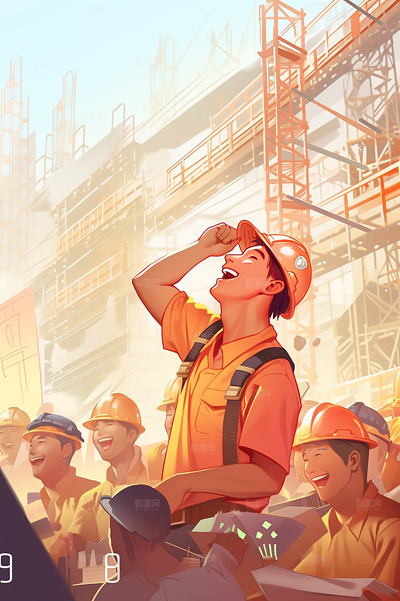 建筑工人施工五一劳动节插画