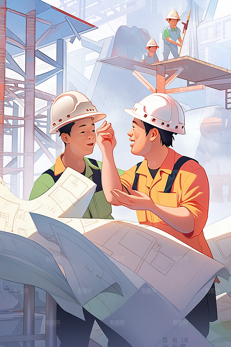 建筑工人手绘五一劳动节插画