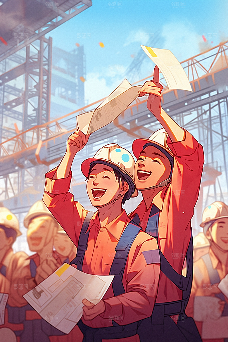建筑工人施工高清插画
