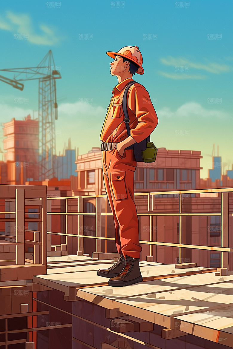 建筑工人工地手绘插画