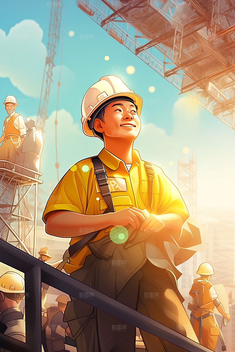 建筑工人工地施工插画