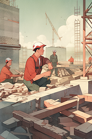 建筑工人职业形象五一劳动节插画