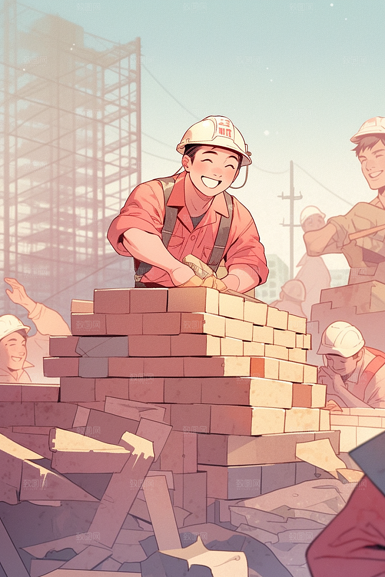 建筑工人手绘五一劳动节插画
