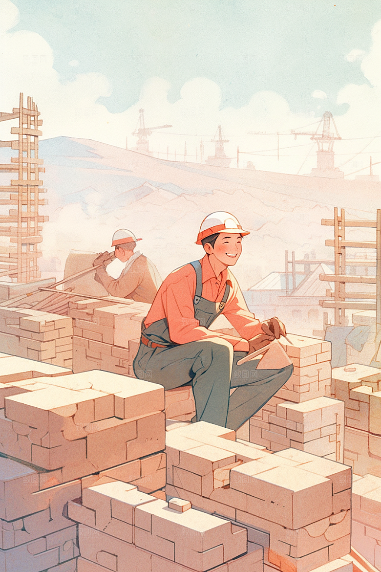 建筑工人工地建设插画