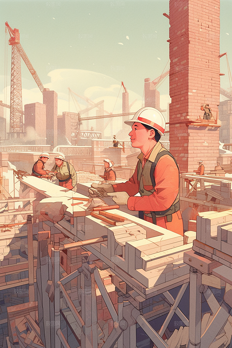 建筑工人手绘工地插画