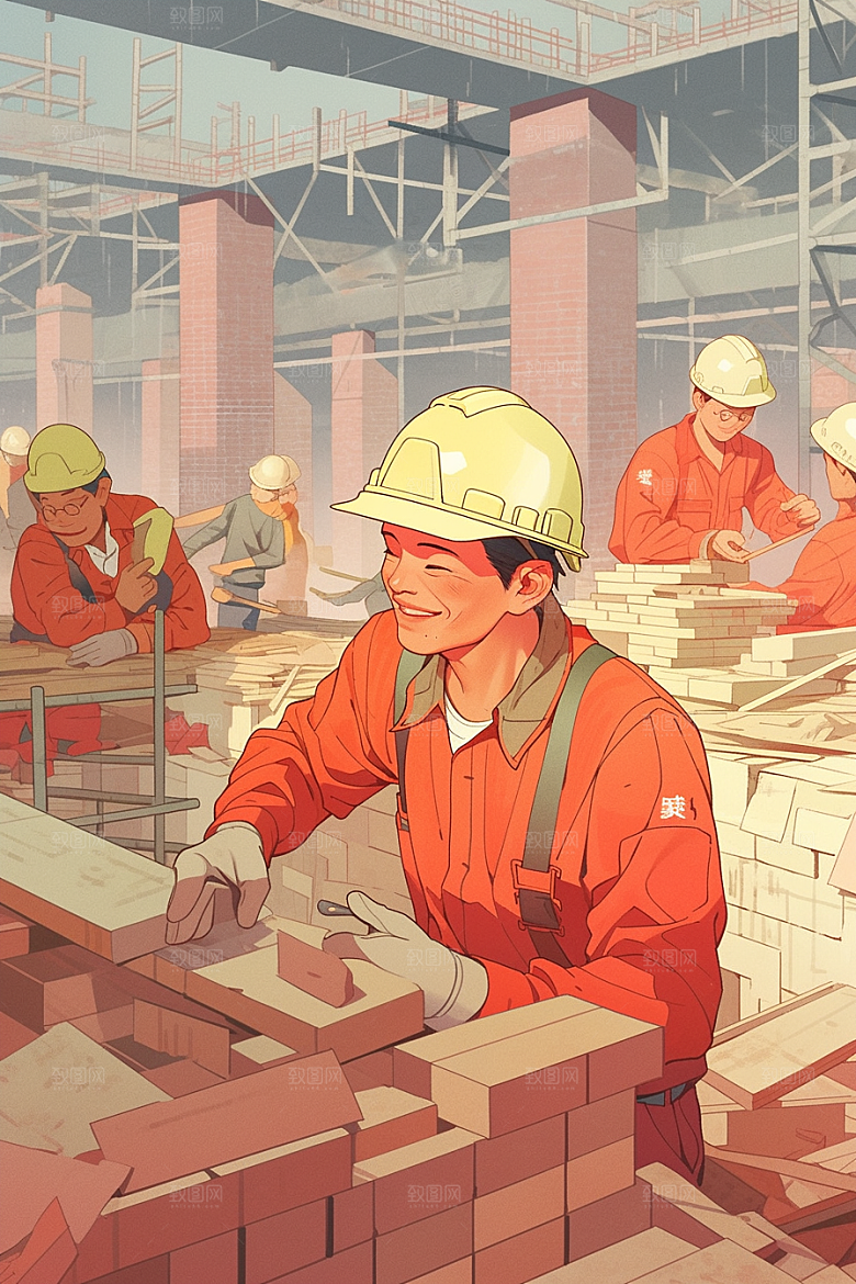 建筑工人人物肖像手绘插画
