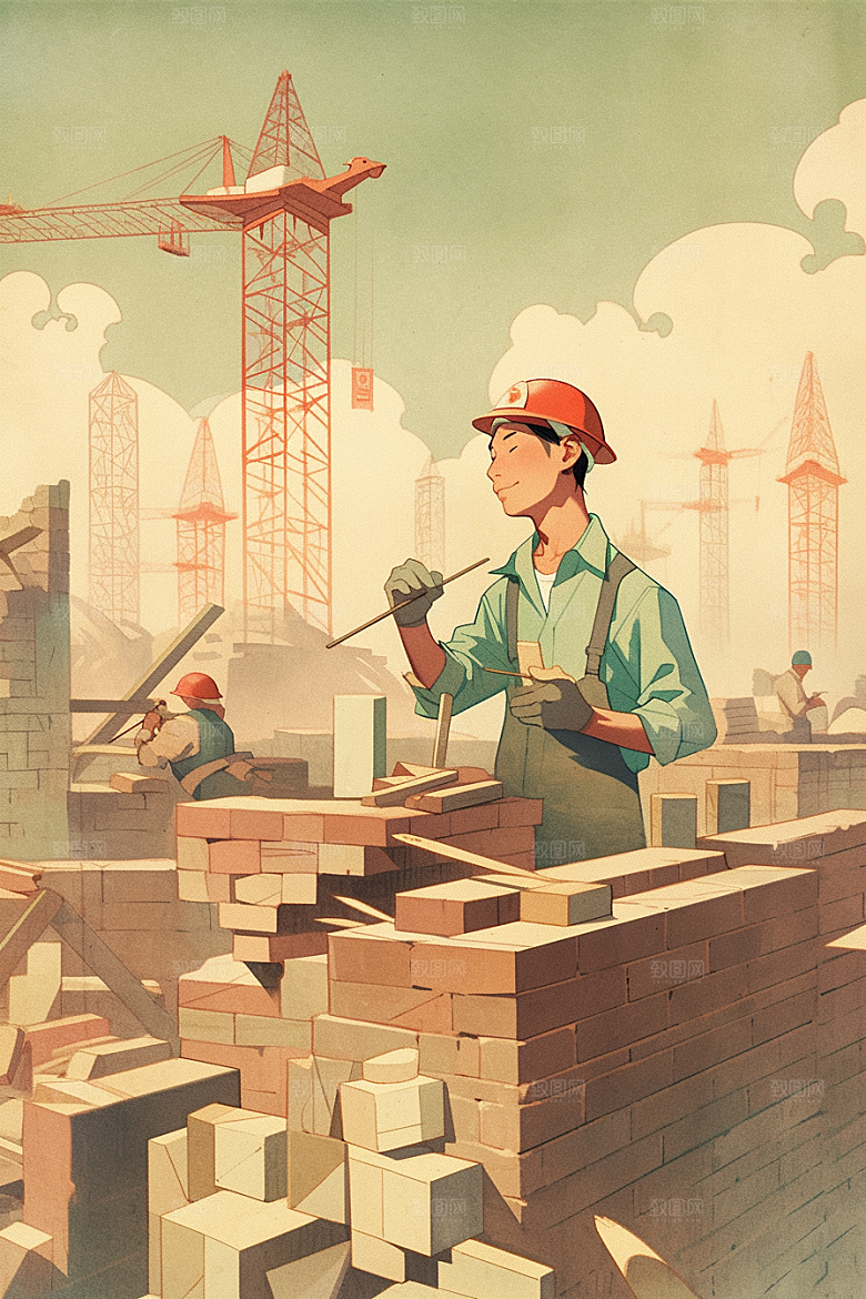 建筑工人工地建设插画