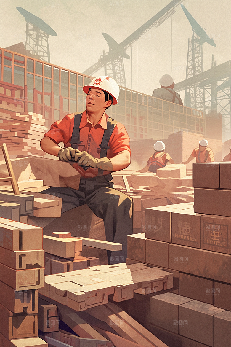建筑工人建设手绘插画