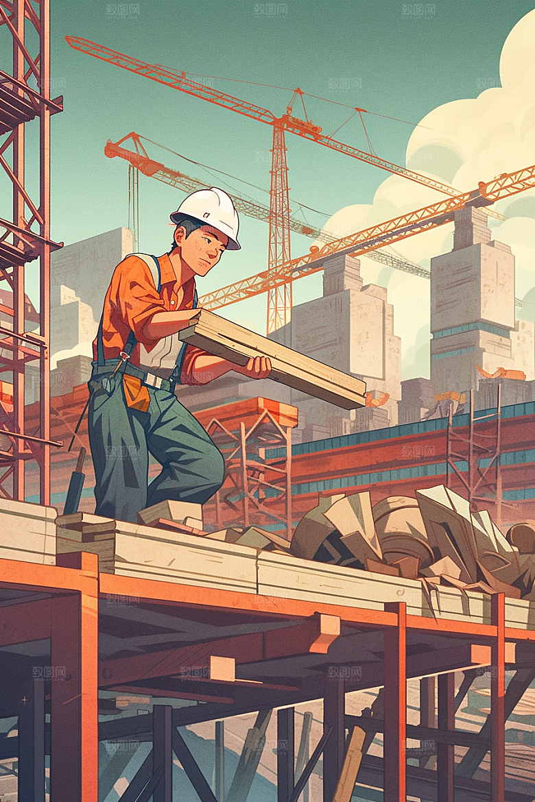 建筑工人建设手绘插画