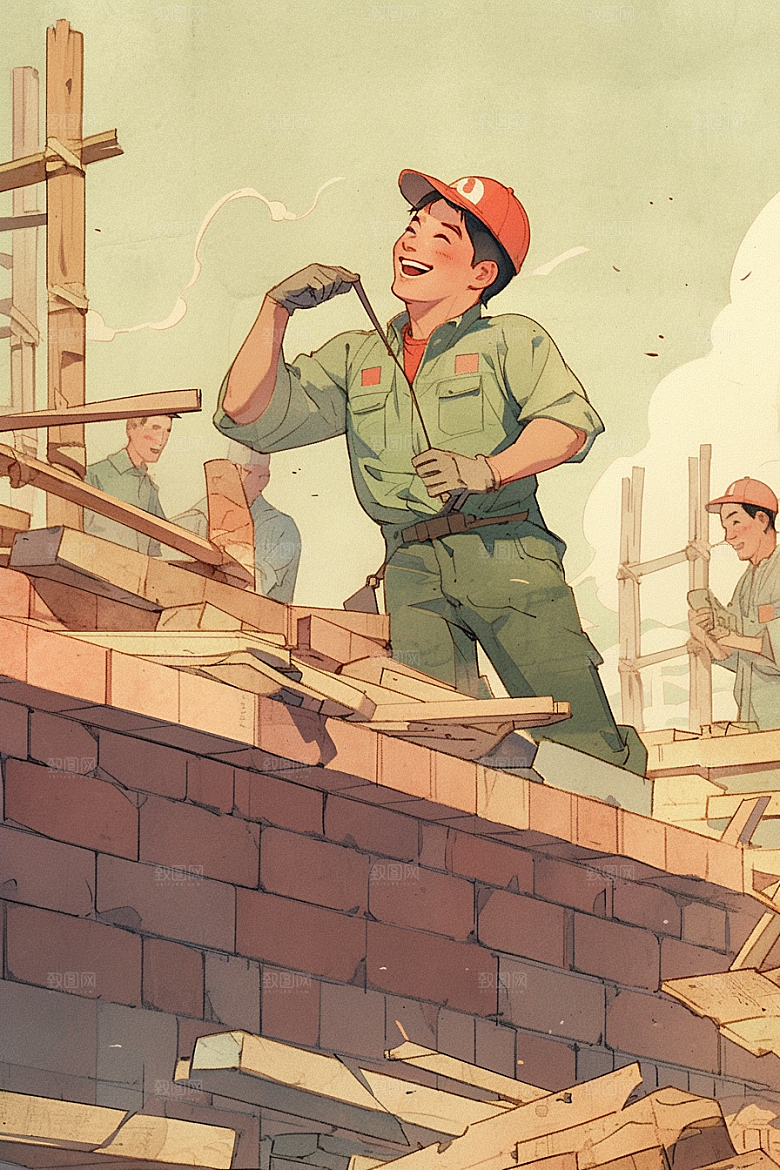 建筑工人施工高清插画