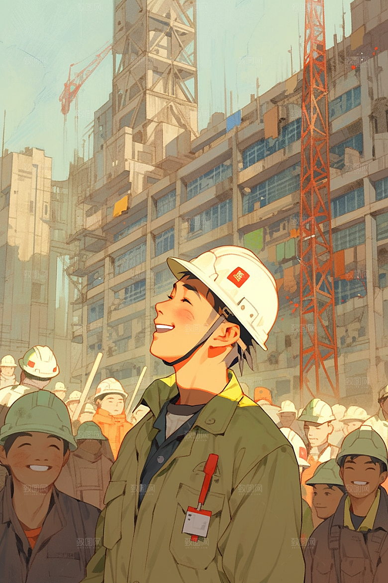 建筑工人手绘施工插画