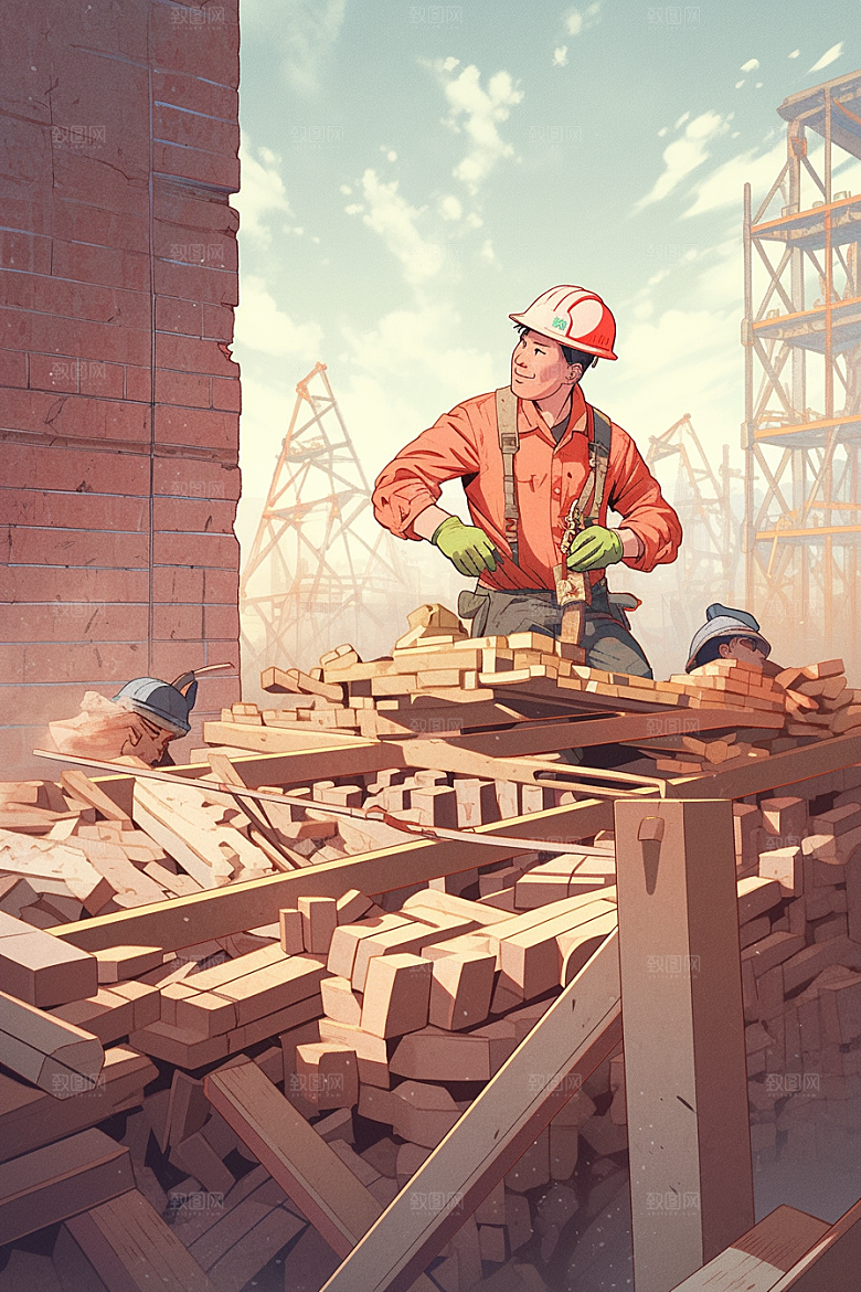 建筑工人人物肖像工地插画