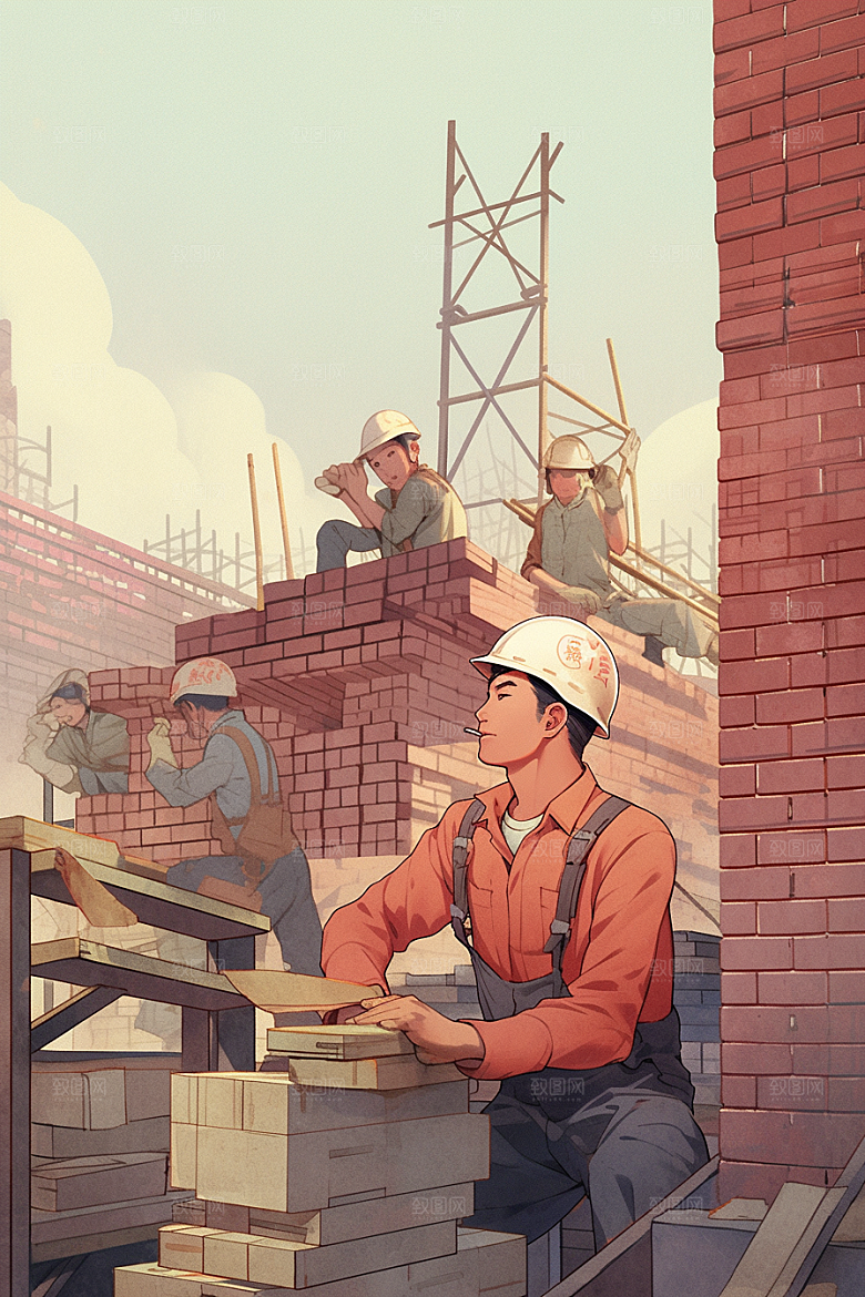 建筑工人手绘艺术插画