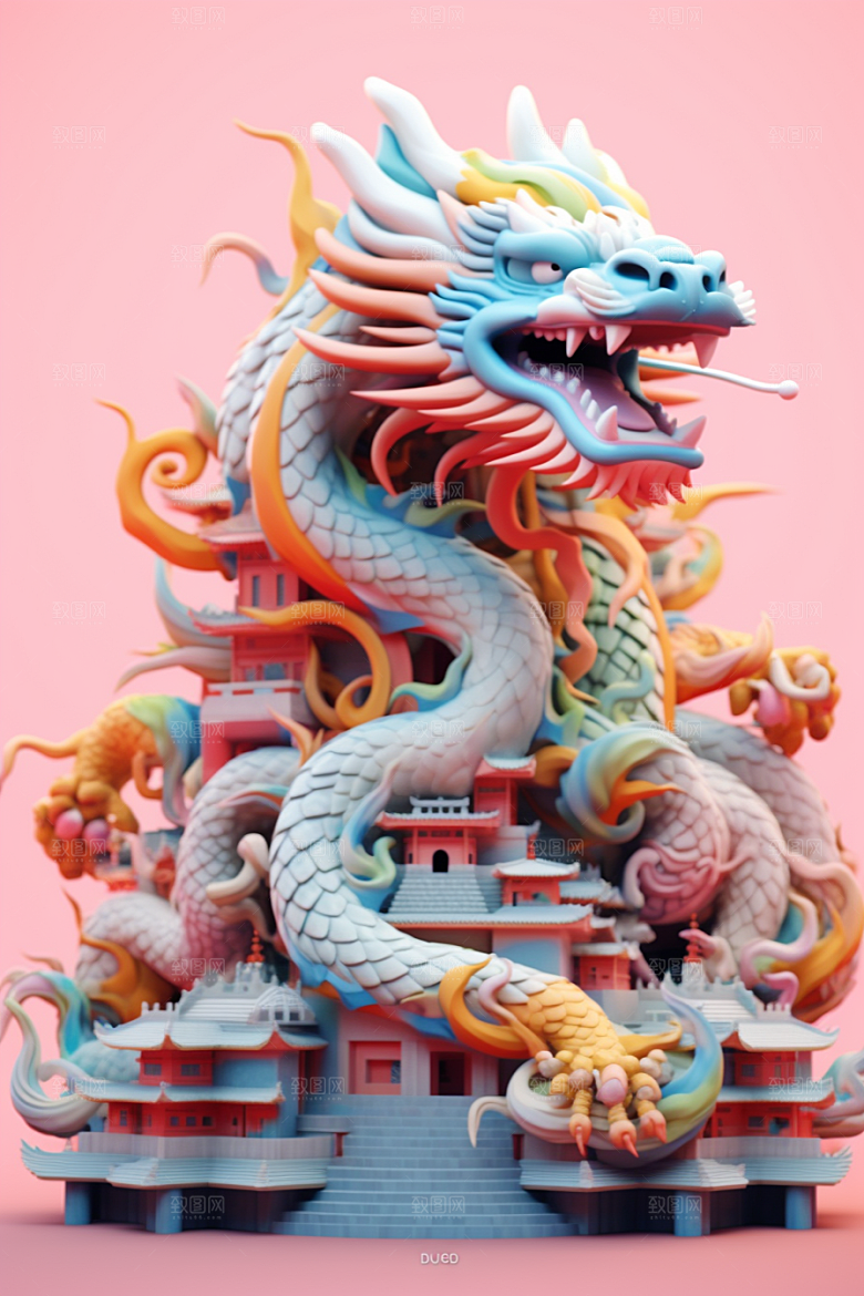 蟠龙建筑幻想中国风模型