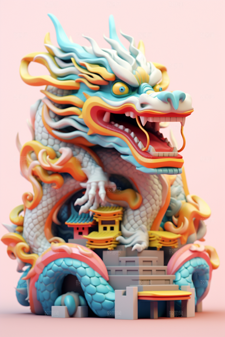 蟠龙建筑幻想中国风模型