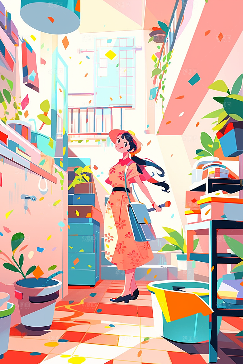 做家务家居生活清洁插画