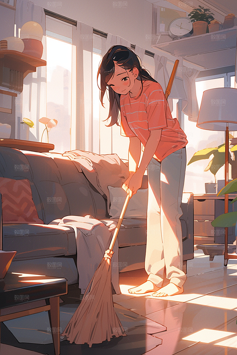 做家务场景清扫插画