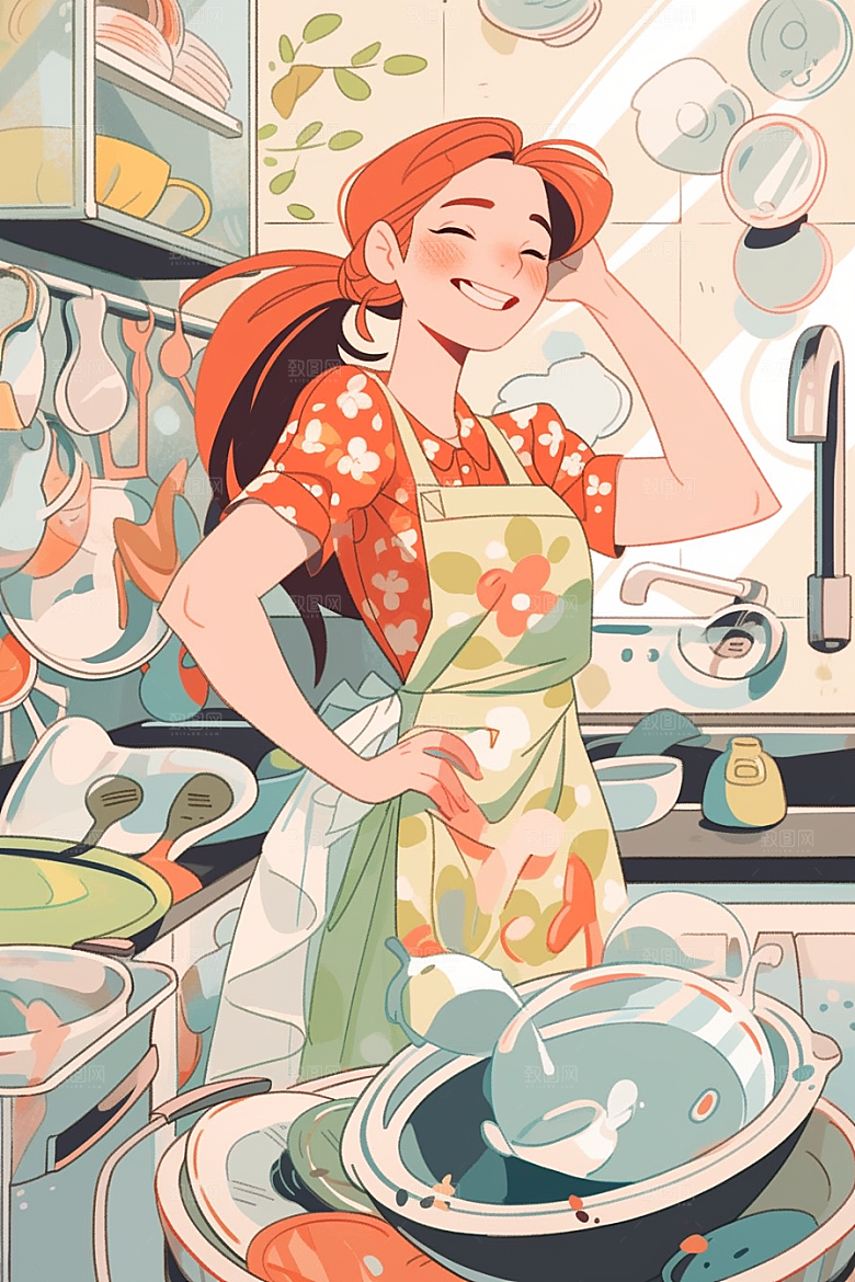 做家务清扫手绘插画