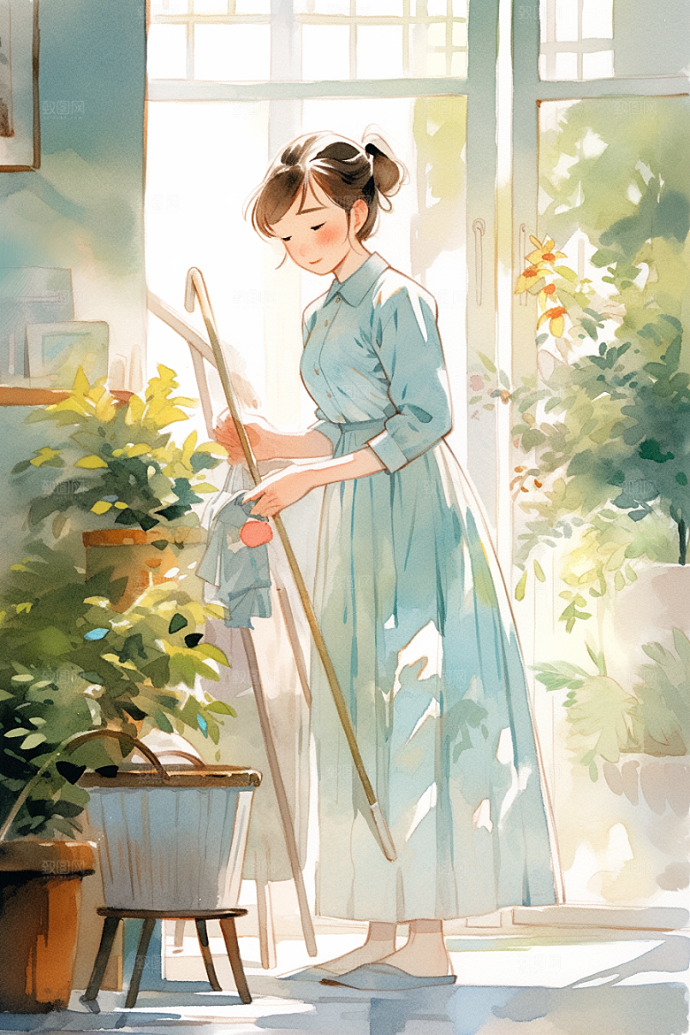 做家务人物手绘插画