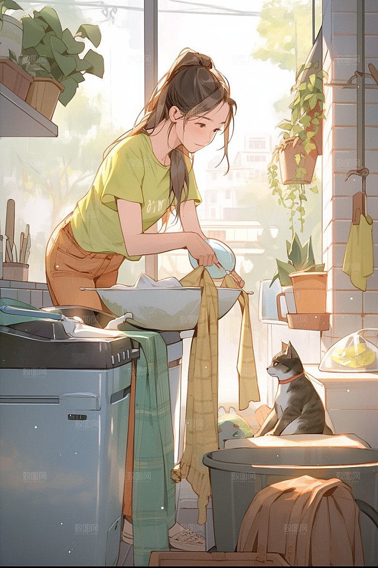 做家务人物手绘插画