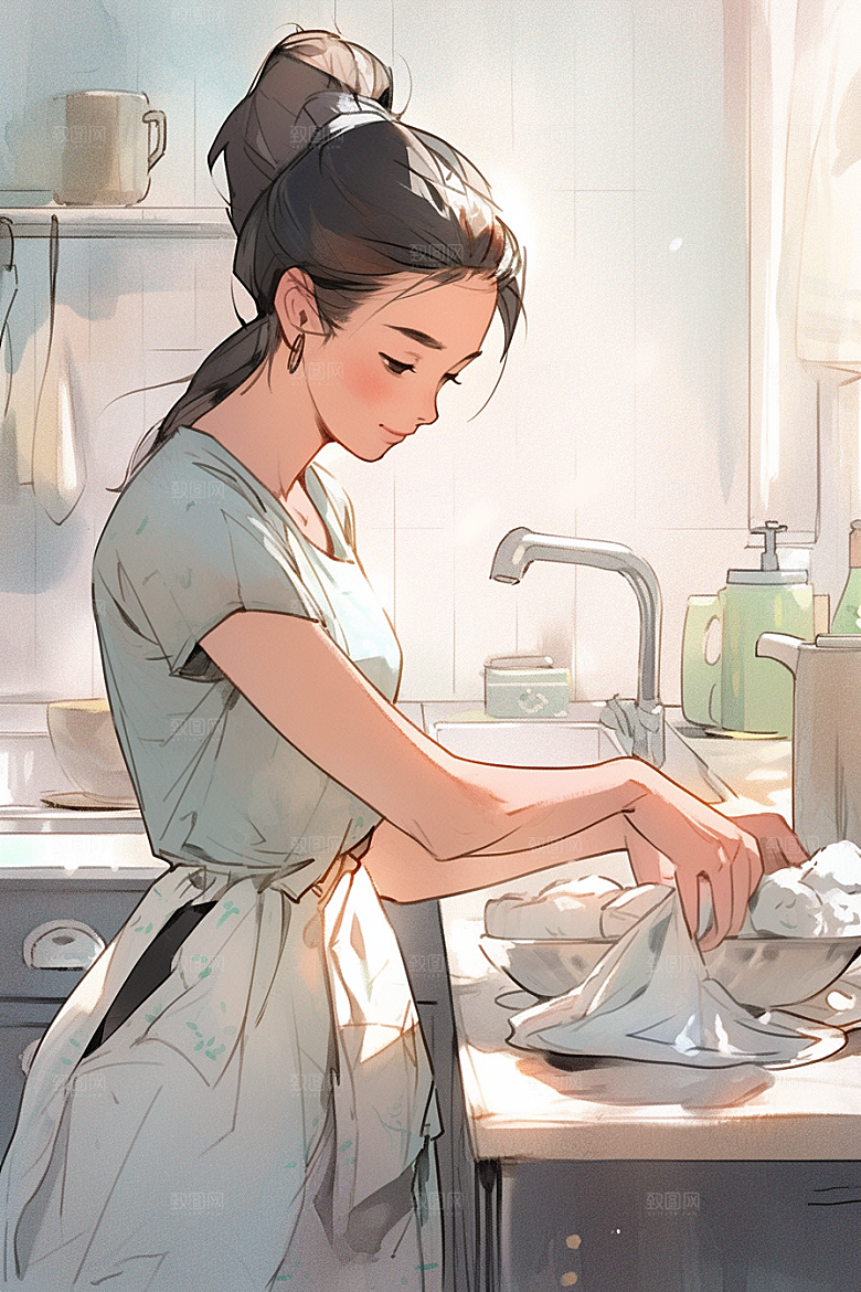做家务人物手绘插画