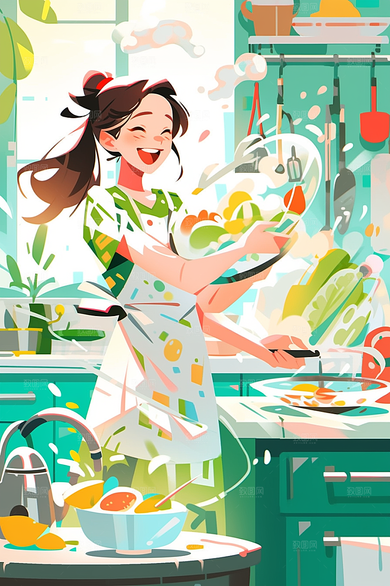 做家务手绘场景插画