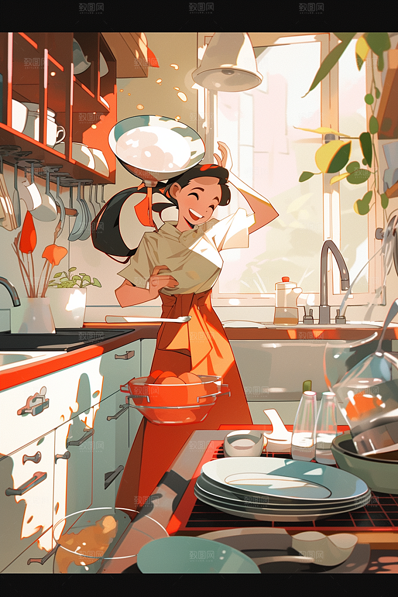 做家务清扫手绘插画