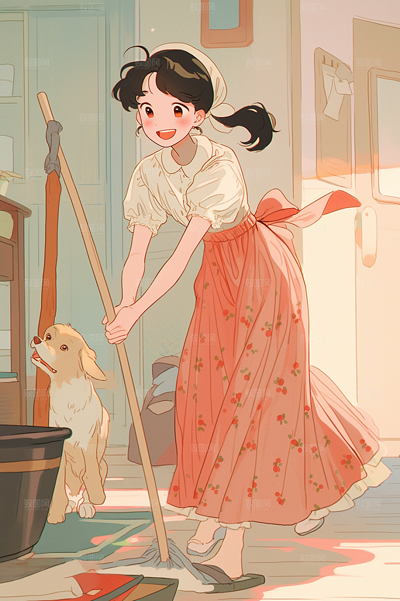 做家务人物打扫卫生插画