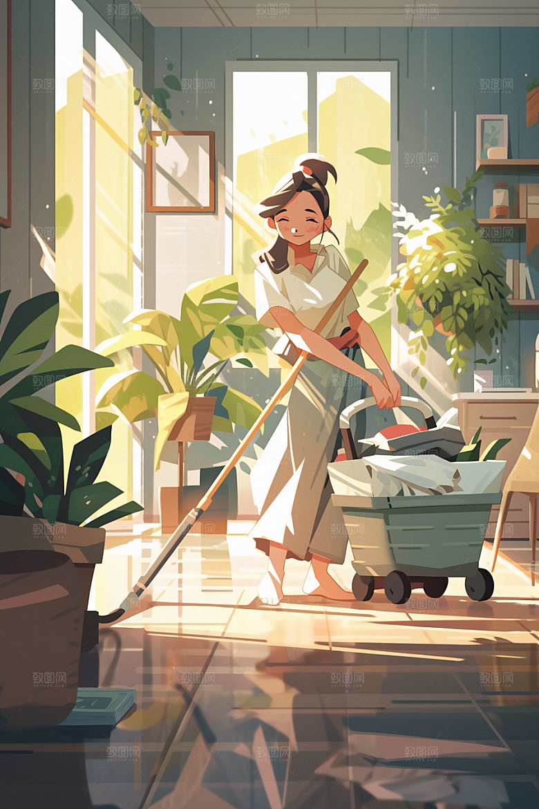 做家务清洁人物插画