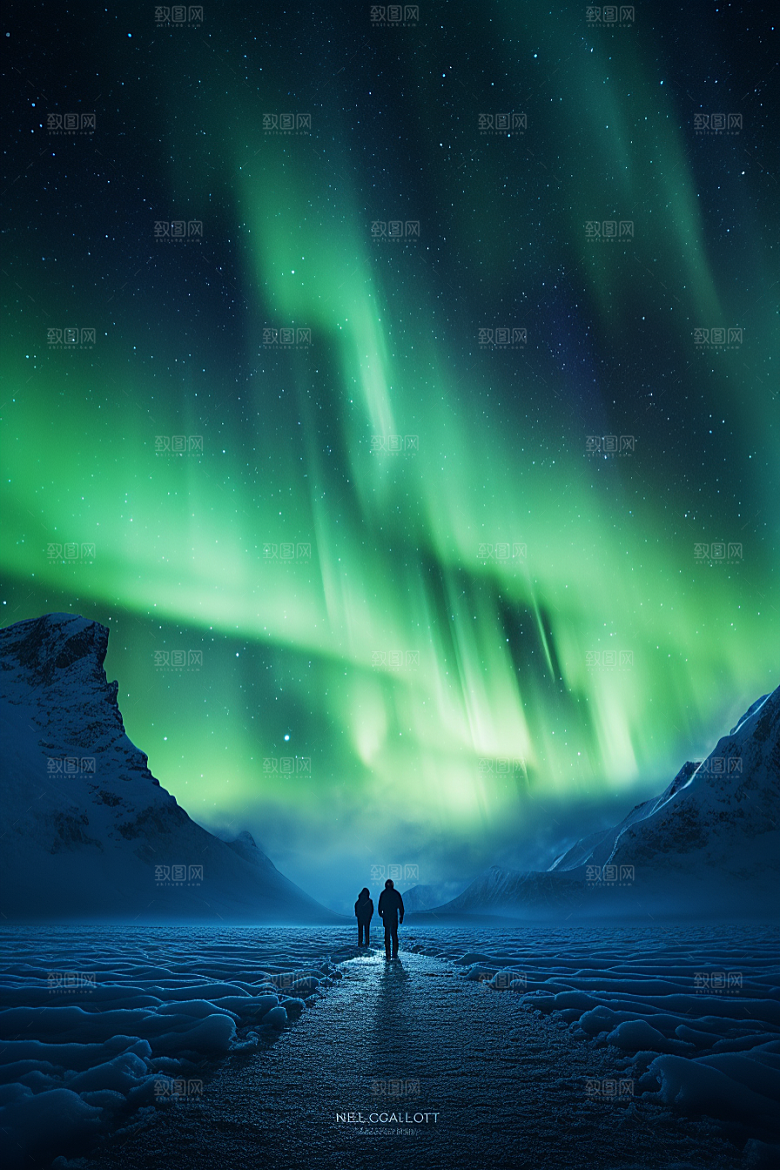 极光爆发冰雪夜景摄影图