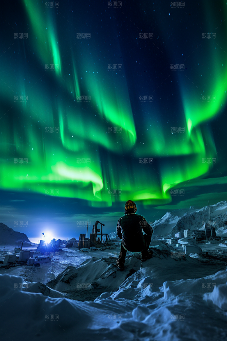 极光爆发冰雪夜景摄影图