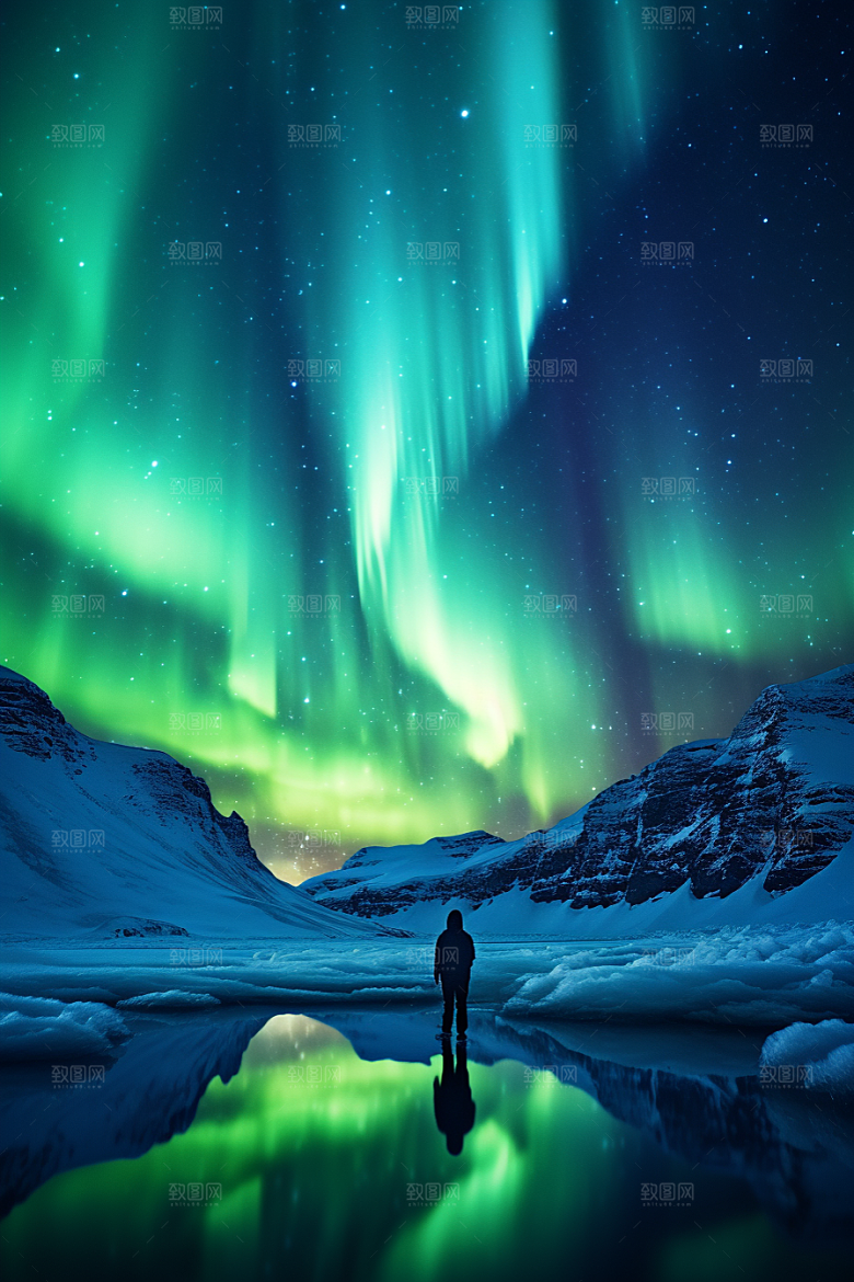 极光爆发夜景冰雪摄影图