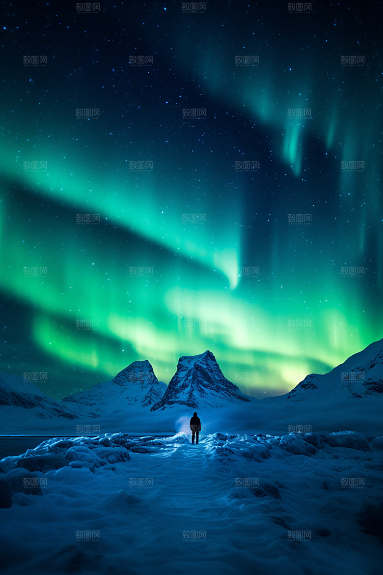 极光爆发夜景冰雪摄影图