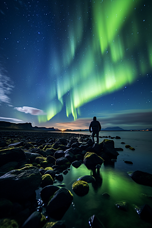 极光爆发北极光夜景摄影图