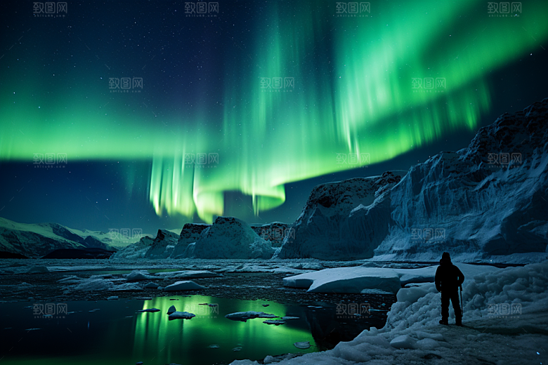 极光爆发夜景冰雪摄影图
