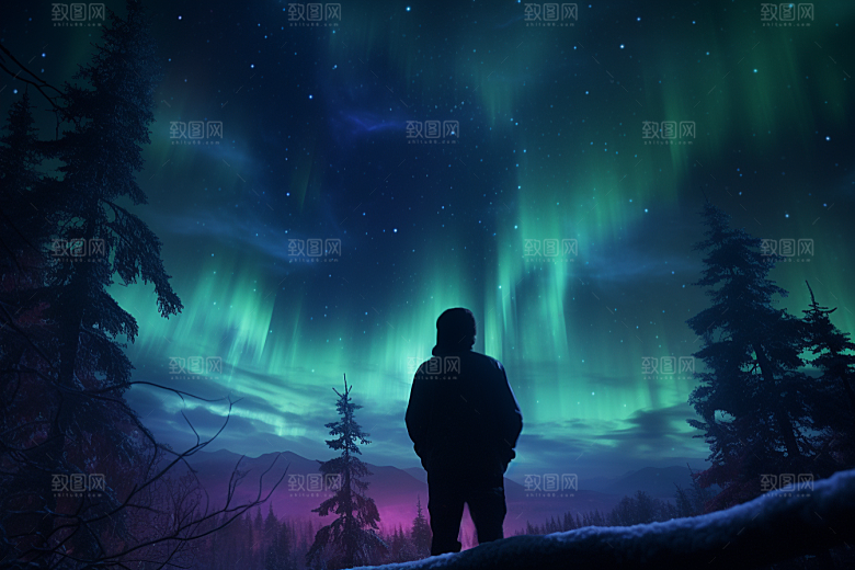 极光爆发浪漫夜景摄影图