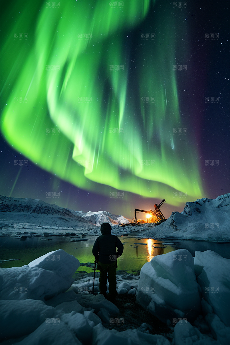 极光爆发冰雪夜景摄影图