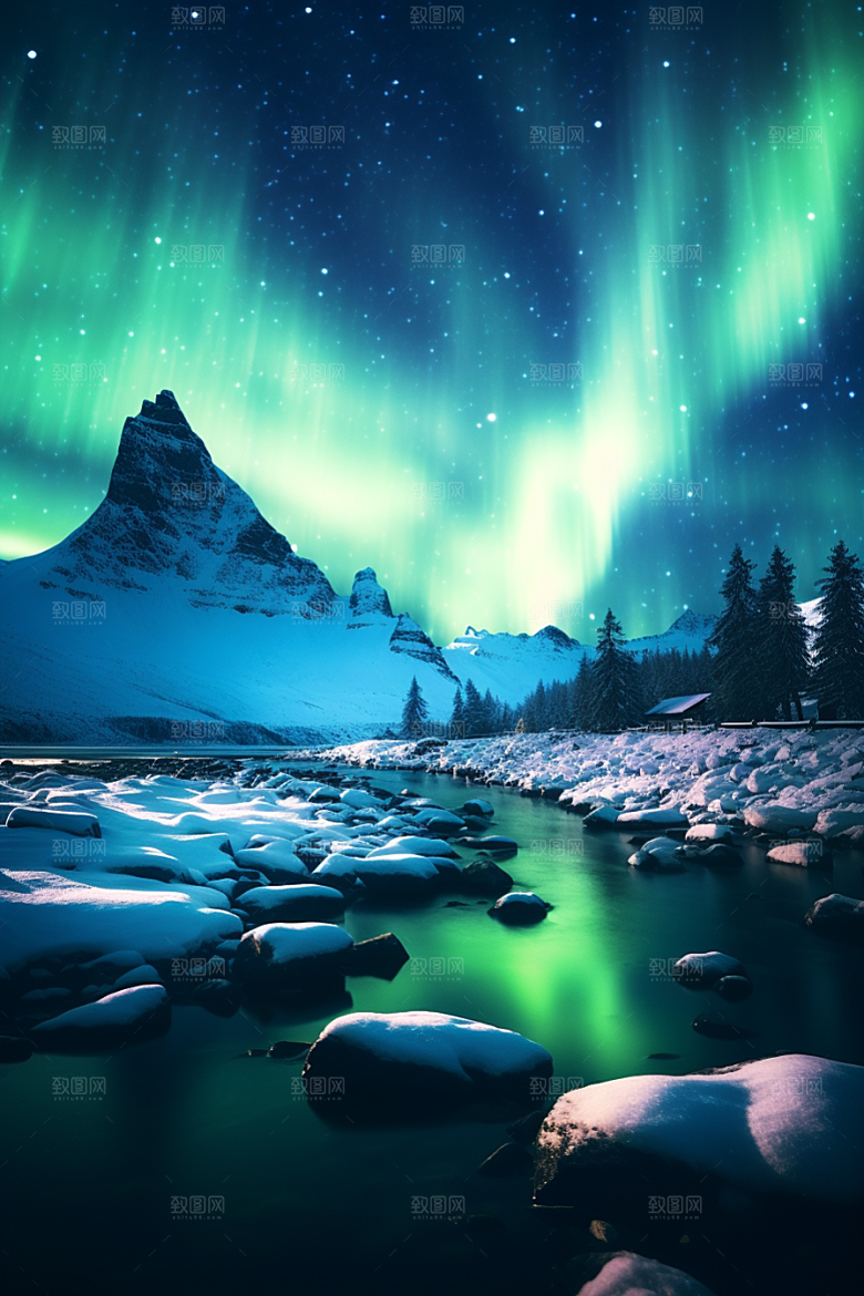 极光爆发夜景冰雪摄影图
