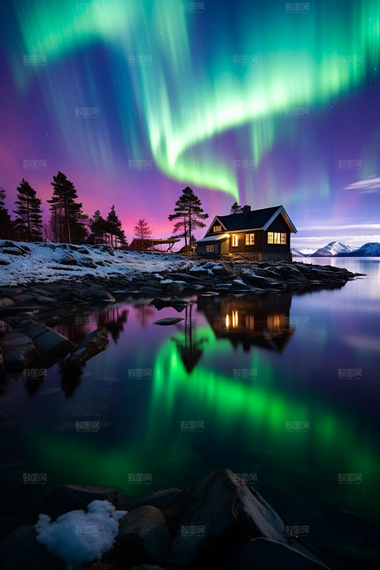 极光爆发浪漫夜景摄影图