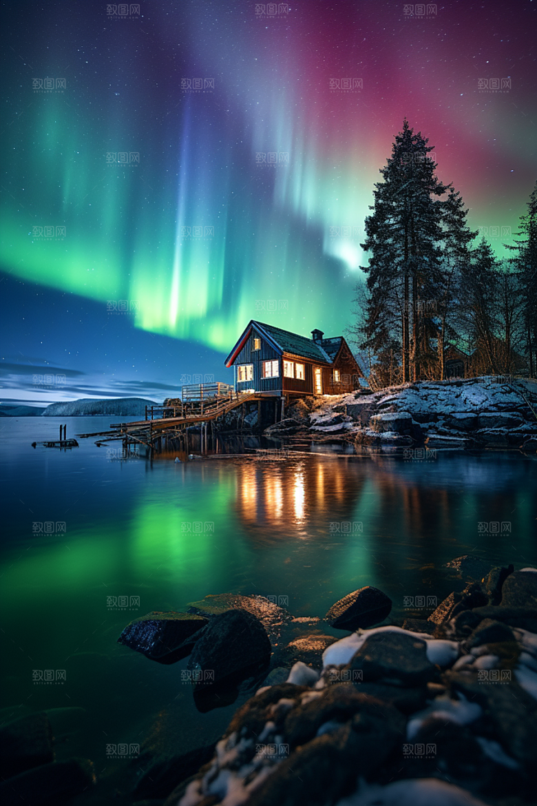 极光爆发夜景景观摄影图