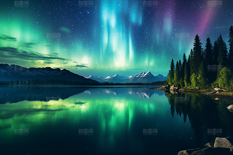 极光爆发北极光夜景摄影图