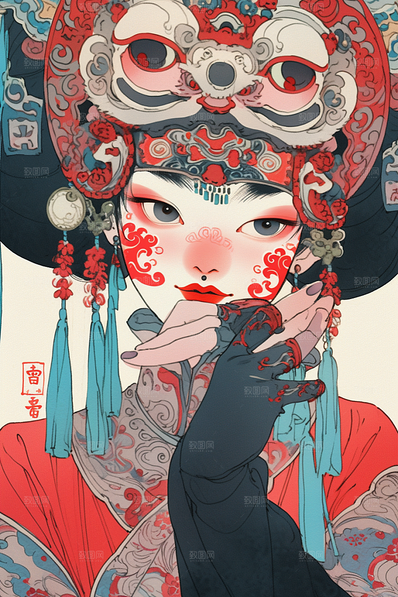 京剧女孩戏曲传统风格插画