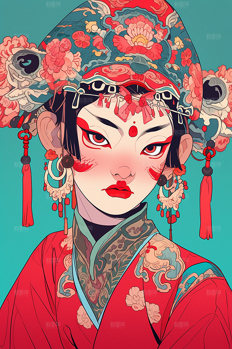 京剧女孩手绘戏剧插画