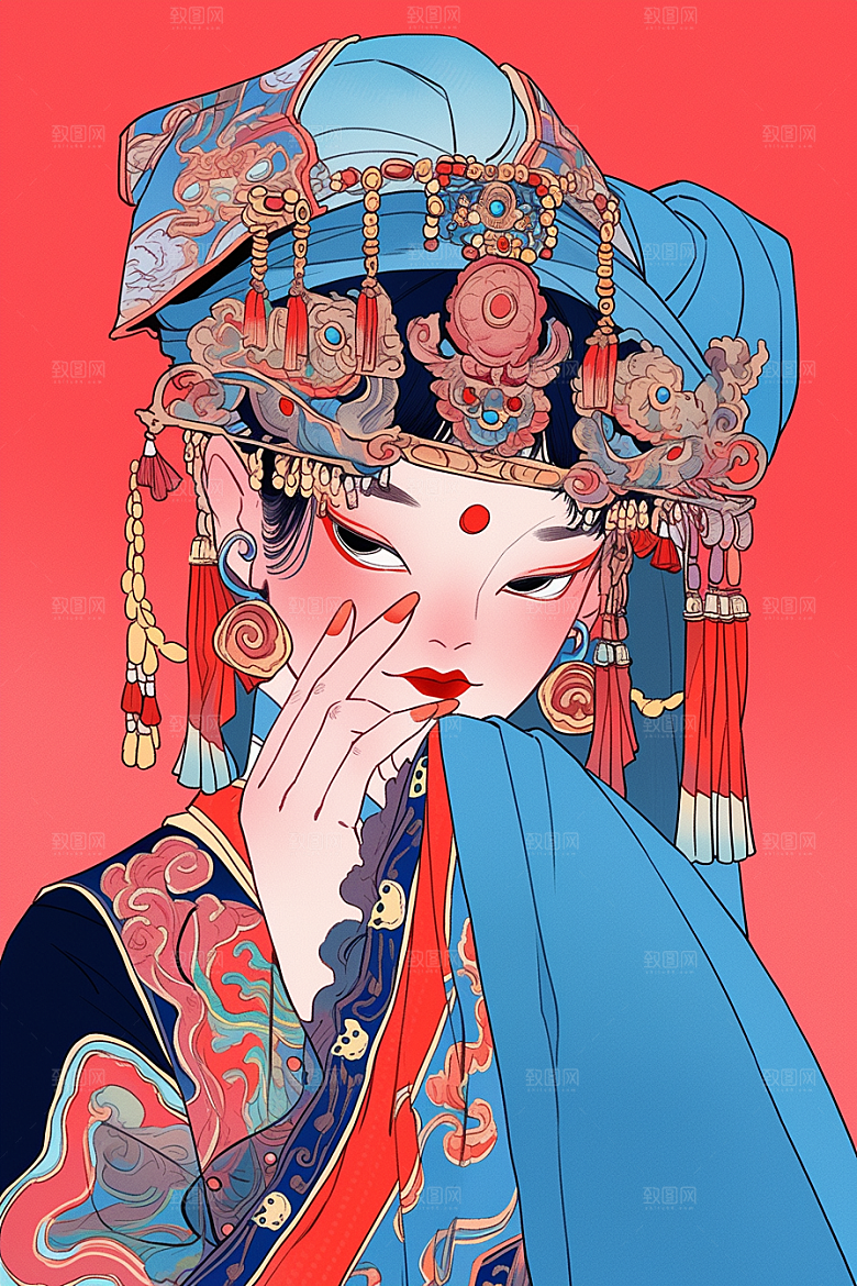 京剧女孩手绘传统风格插画