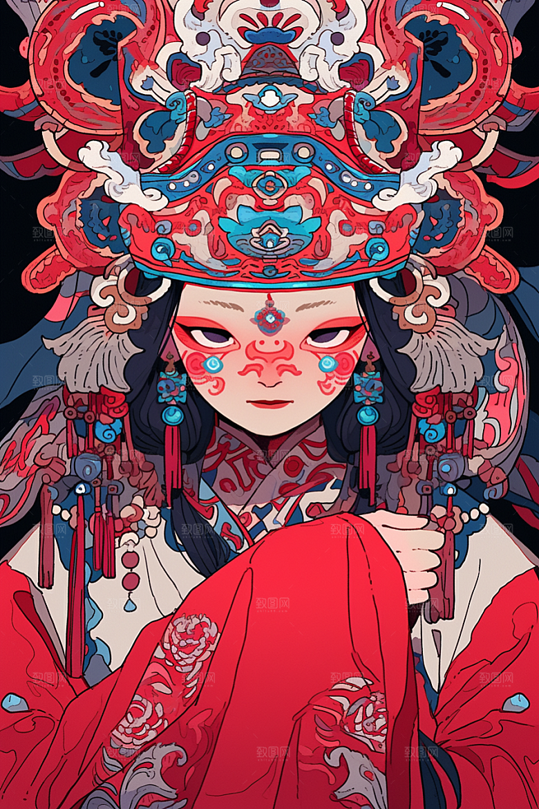 京剧女孩中式传统风格插画
