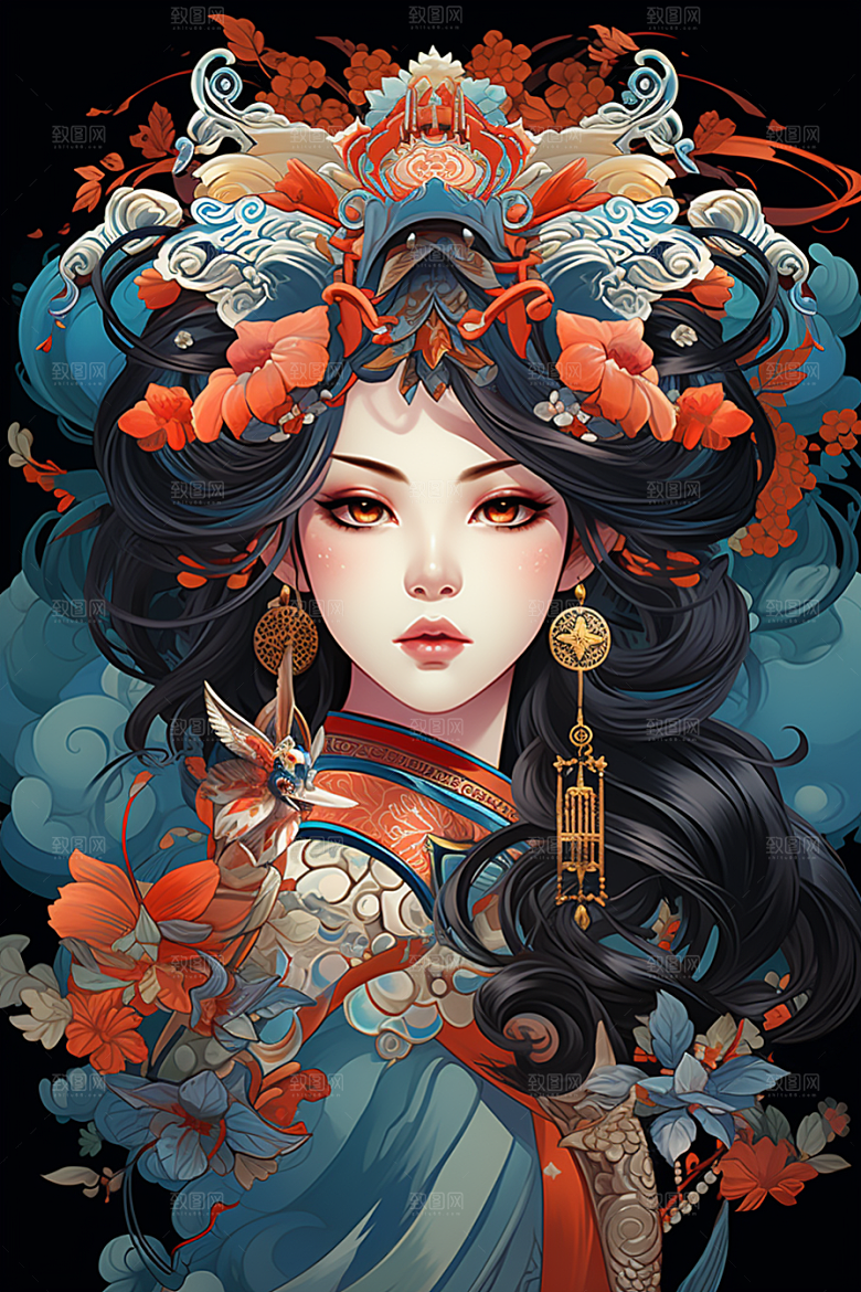 京剧女孩国潮扮相插画