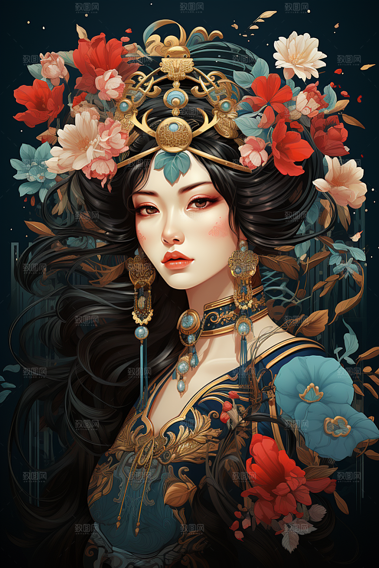 京剧女孩扮相传统风格插画